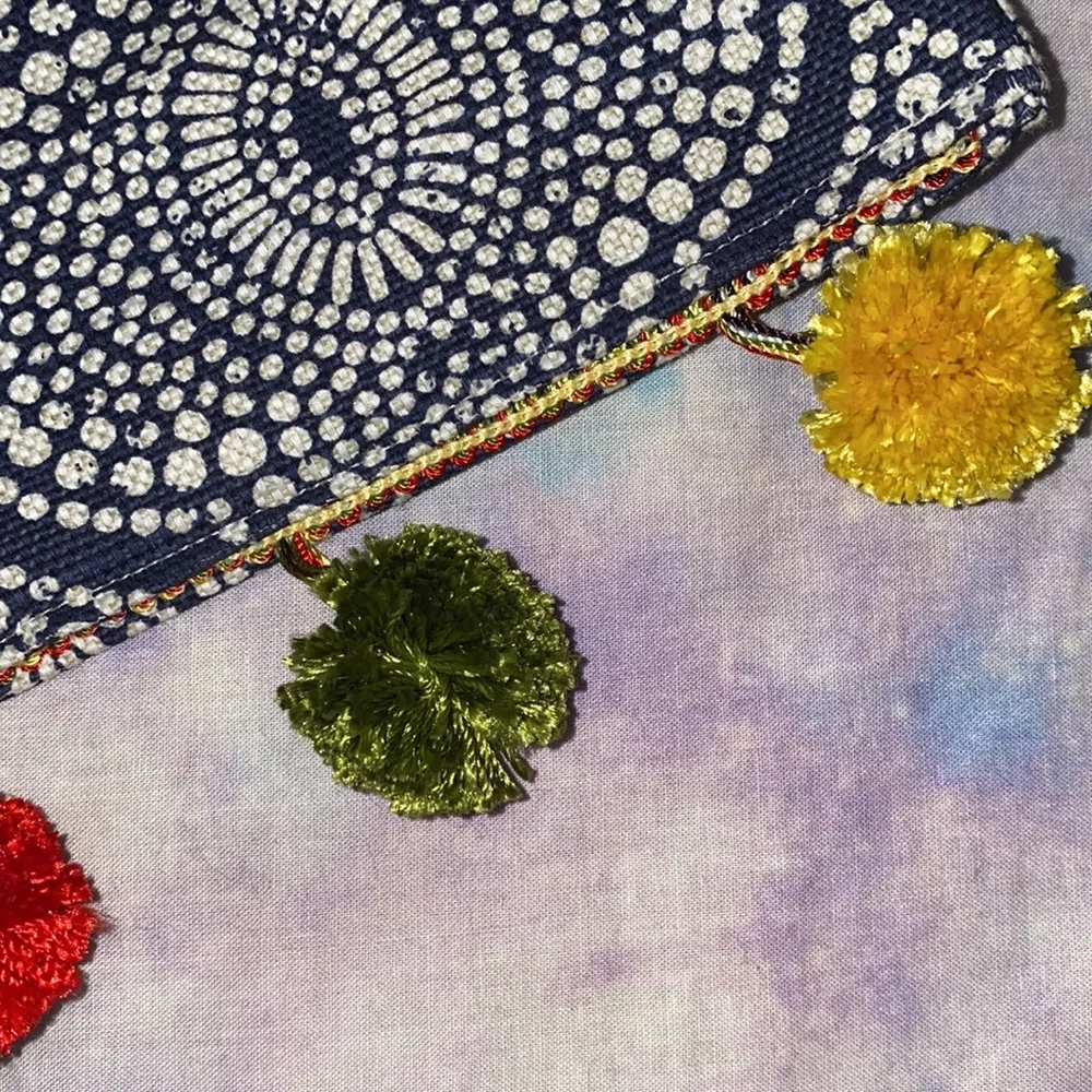 Kimbleberries • Boho Mixed Print Pom Pom Crossbody Canvas Bag